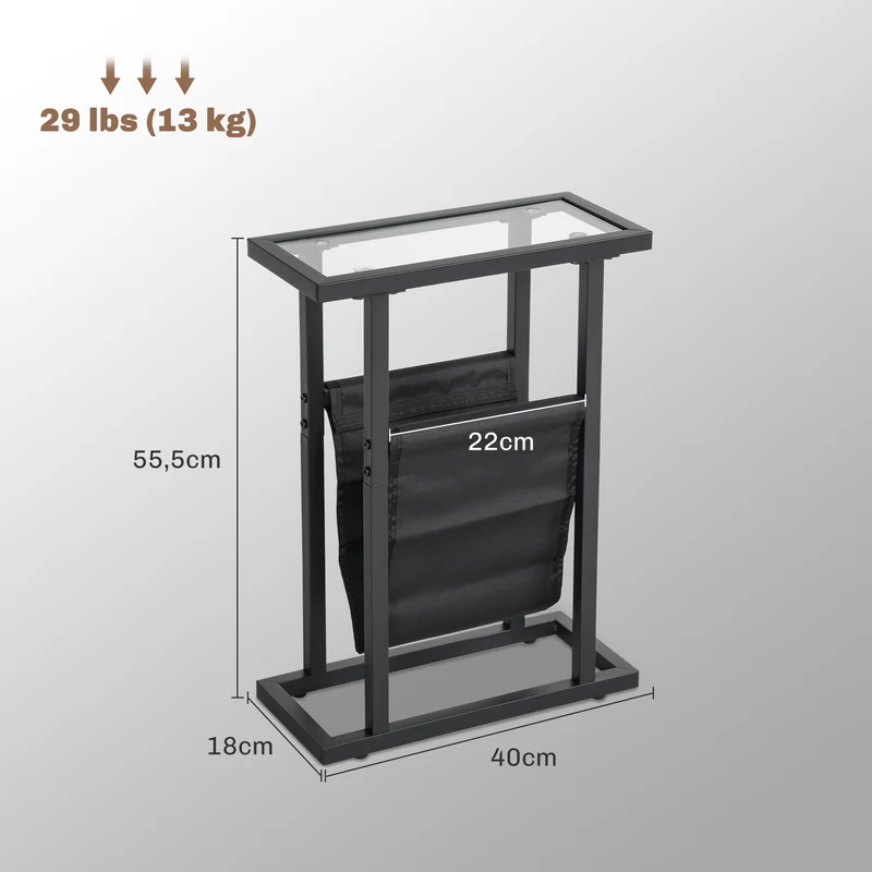 Table d'appoint étroite bout de canapé 40 x 18 x 55,5 cm sac de rangement pieds réglables minimaliste en métal noir 21_0002955
