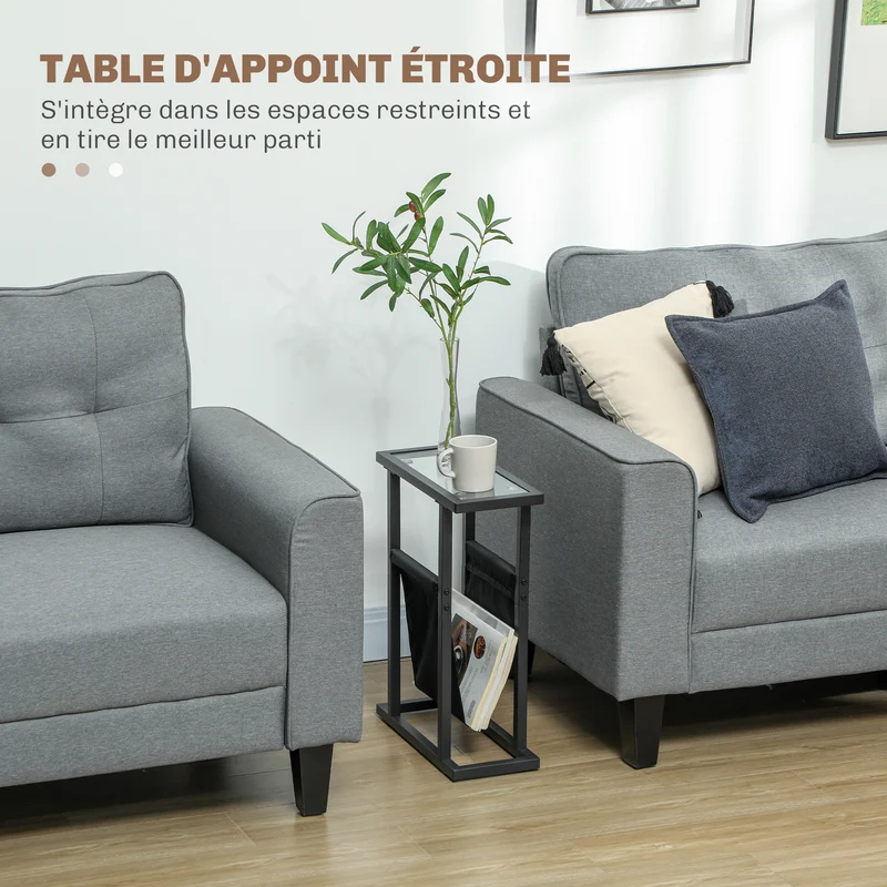 Table d'appoint étroite bout de canapé 40 x 18 x 55,5 cm sac de rangement pieds réglables minimaliste en métal noir 21_0002955