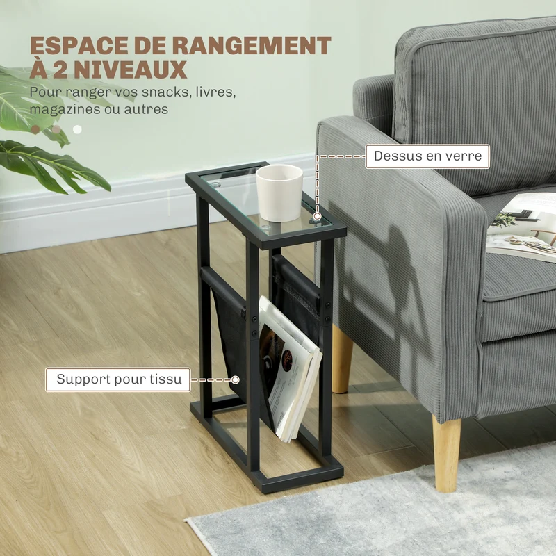 Table d'appoint étroite bout de canapé 40 x 18 x 55,5 cm sac de rangement pieds réglables minimaliste en métal noir 21_0002955