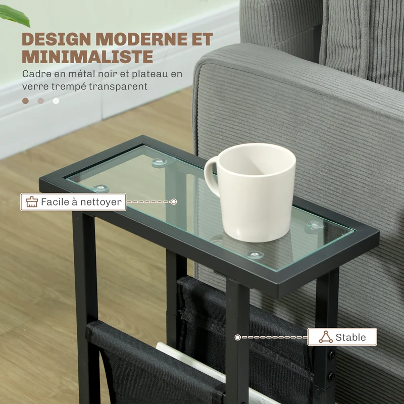 Table d'appoint étroite bout de canapé 40 x 18 x 55,5 cm sac de rangement pieds réglables minimaliste en métal noir 21_0002955