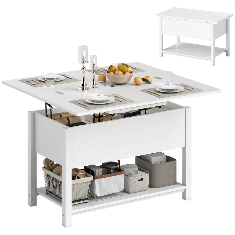 Table basse relevable extensible salon 100 x 45 x 50,5 cm rangement caché mécanisme silencieux moderne cosy en MDF blanc 21_0003594
