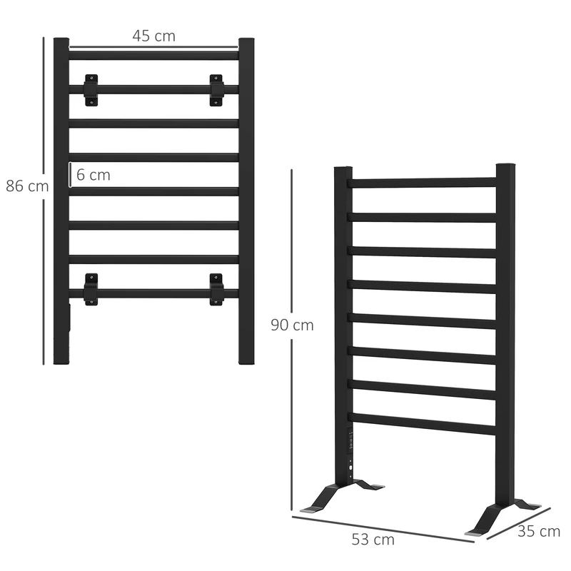 Sèche serviettes électrique mural ou au sol 53 x 35 x 90 cm 8 barres minuterie 2/4 heures contemporain en aluminium noir 21_0005845