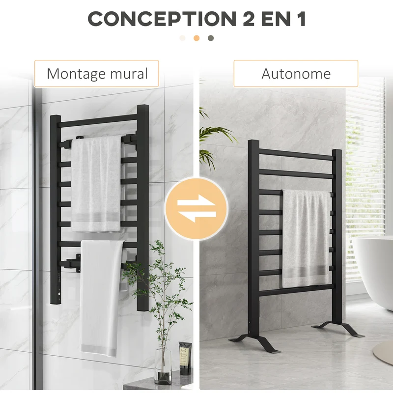Sèche serviettes électrique mural ou au sol 53 x 35 x 90 cm 8 barres minuterie 2/4 heures contemporain en aluminium noir 21_0005845