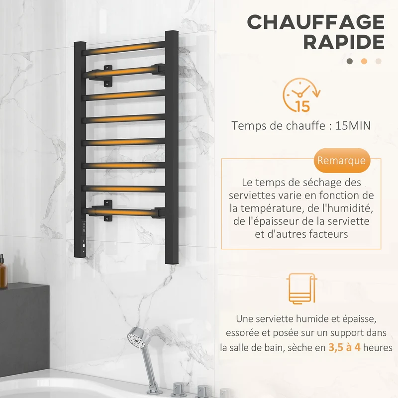 Sèche serviettes électrique mural ou au sol 53 x 35 x 90 cm 8 barres minuterie 2/4 heures contemporain en aluminium noir 21_0005845