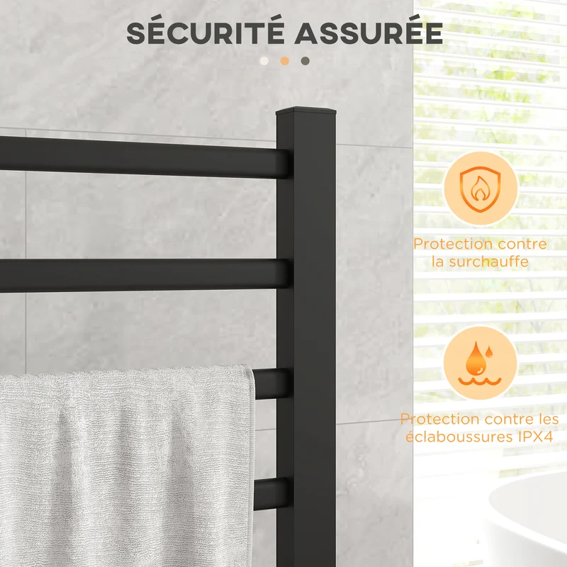Sèche serviettes électrique mural ou au sol 53 x 35 x 90 cm 8 barres minuterie 2/4 heures contemporain en aluminium noir 21_0005845
