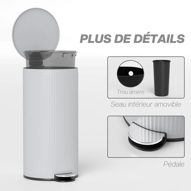 Poubelle de cuisine à pédale 36 x 30 x 60,5 cm seau amovible 30 l fermeture douce moderne épuré en métal gris clair 21_0005937