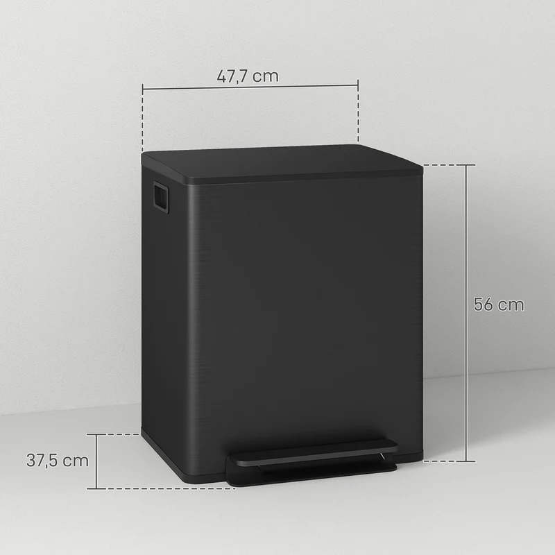 Poubelle de cuisine double 2 x 25 L 47,7 x 37,5 x 56 cm pédale fermeture douce design épuré en acier inoxydable noir 21_0005915