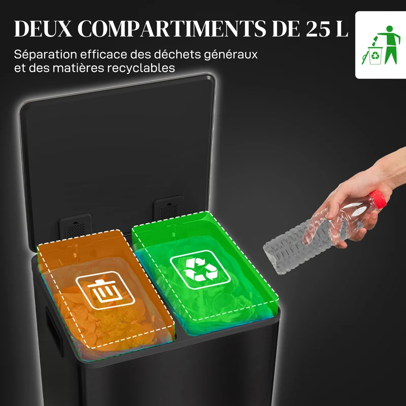 Poubelle de cuisine double 2 x 25 L 47,7 x 37,5 x 56 cm pédale fermeture douce design épuré en acier inoxydable noir 21_0005915