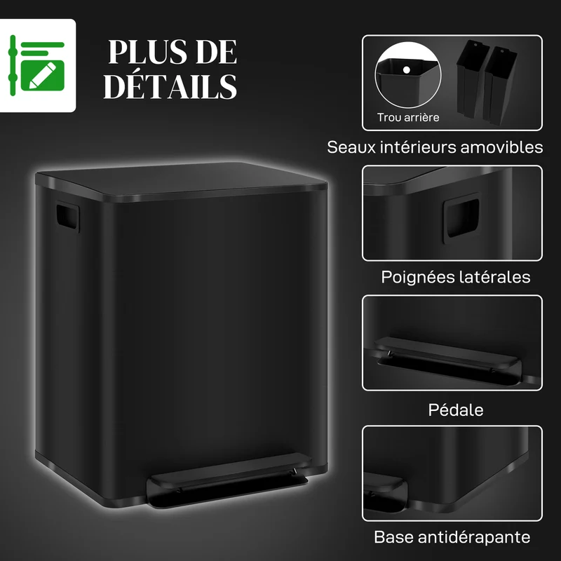 Poubelle de cuisine double 2 x 25 L 47,7 x 37,5 x 56 cm pédale fermeture douce design épuré en acier inoxydable noir 21_0005915