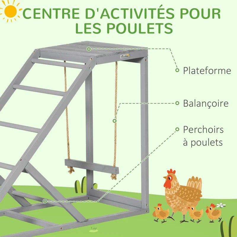 Perchoir pour poules aire de jeux 96 x 40 x 71 cm stimulation et équilibre rustique décoratif en bois de sapin gris 21_0007950