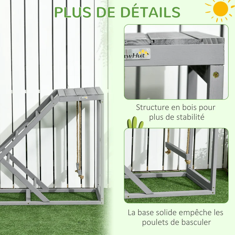 Perchoir pour poules aire de jeux 96 x 40 x 71 cm stimulation et équilibre rustique décoratif en bois de sapin gris 21_0007950
