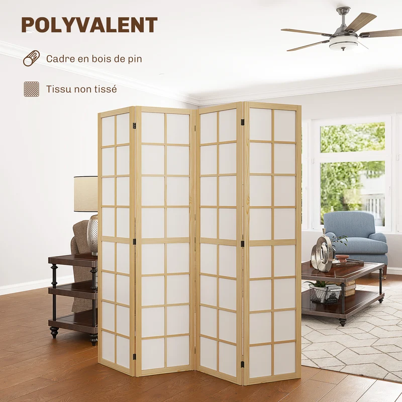 Paravent intérieur 4 panneaux pliable 160 x 170 x 1.7 cm léger modulable salon minimaliste scandinave en bois naturel 21_0001387