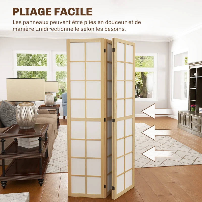 Paravent intérieur 4 panneaux pliable 160 x 170 x 1.7 cm léger modulable salon minimaliste scandinave en bois naturel 21_0001387