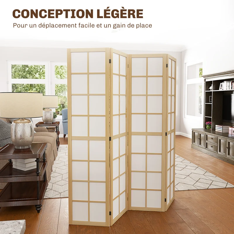 Paravent intérieur 4 panneaux pliable 160 x 170 x 1.7 cm léger modulable salon minimaliste scandinave en bois naturel 21_0001387