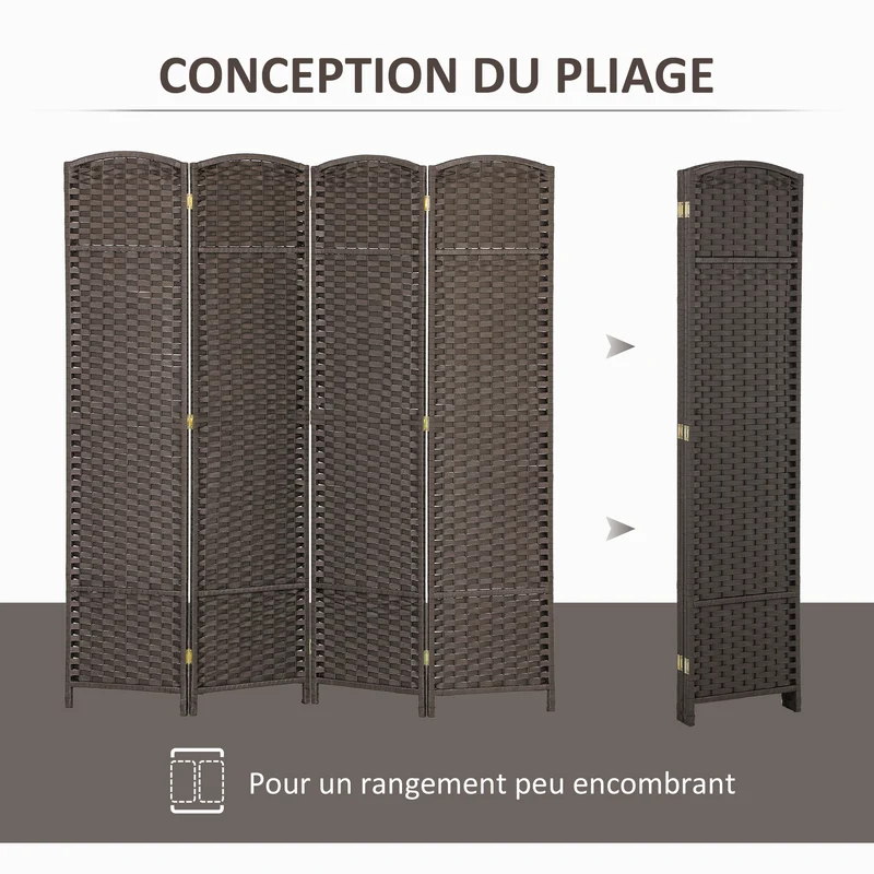Paravent intérieur 4 panneaux 160 x 1,6 x 170 cm pliable séparation d'espace scandinave salon finition mate en PP marron 21_0001322