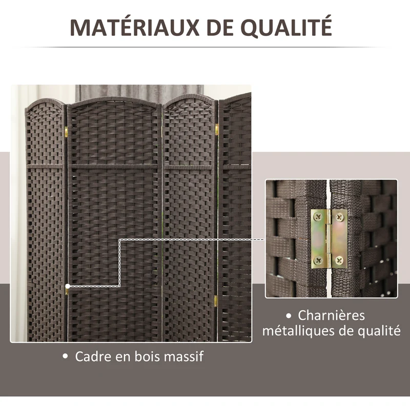 Paravent intérieur 4 panneaux 160 x 1,6 x 170 cm pliable séparation d'espace scandinave salon finition mate en PP marron 21_0001322