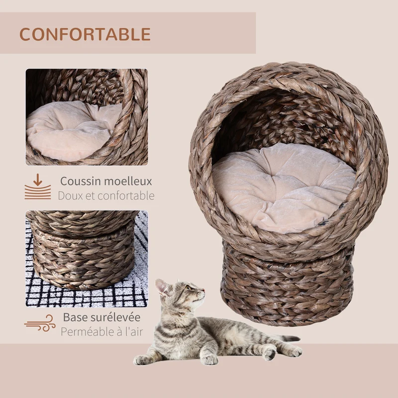 Panier pour chat niche boule 40 x 37 x 51 cm confort ultra moelleux scandinave chaleureux en feuilles de bananier gris 21_0007620
