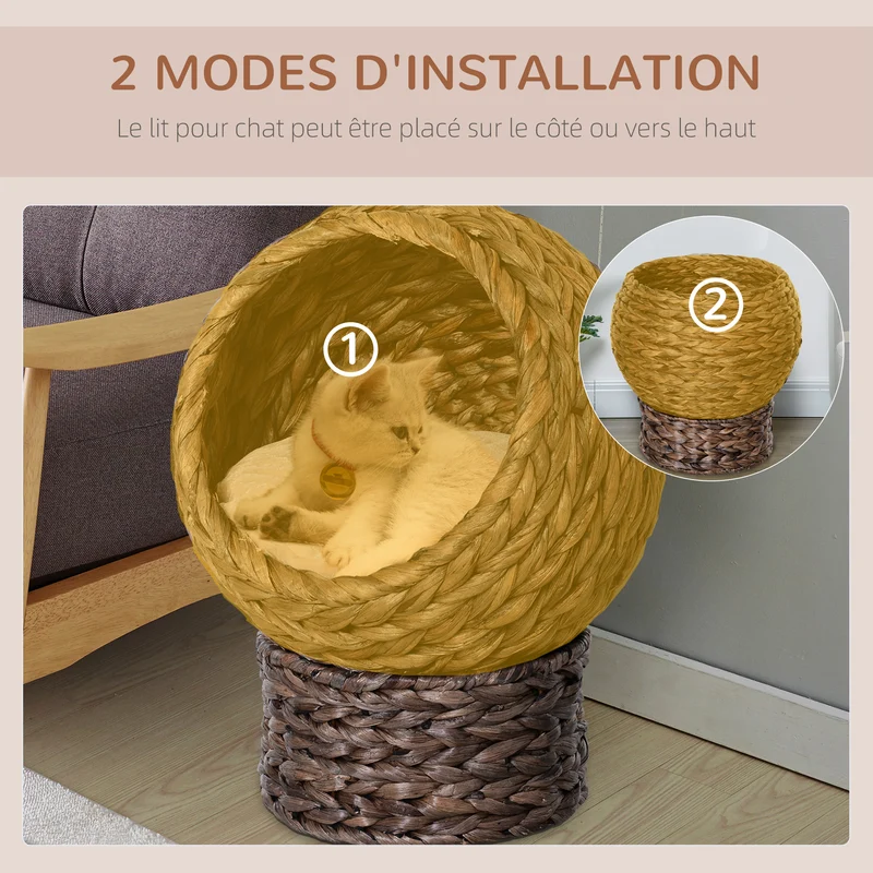 Panier pour chat niche boule 40 x 37 x 51 cm confort ultra moelleux scandinave chaleureux en feuilles de bananier gris 21_0007620