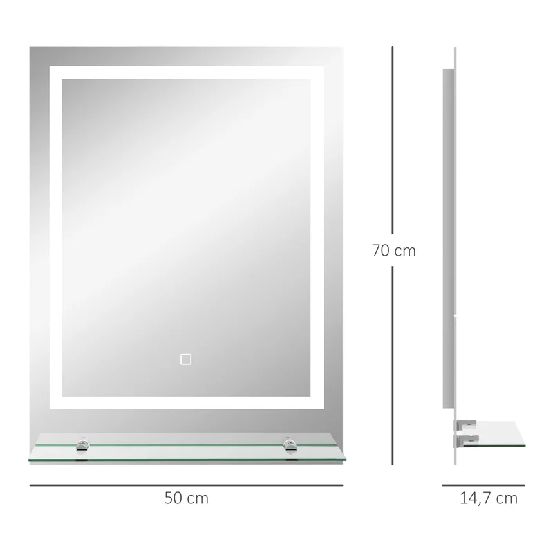Miroir mural lumineux salle de bain 70 x 50 x 2,7 cm antibuée étagère intégrée moderne épuré en verre trempé transparent 21_0002006