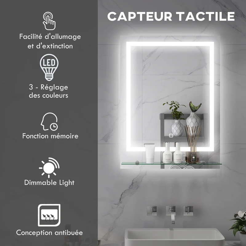 Miroir mural lumineux salle de bain 70 x 50 x 2,7 cm antibuée étagère intégrée moderne épuré en verre trempé transparent 21_0002006
