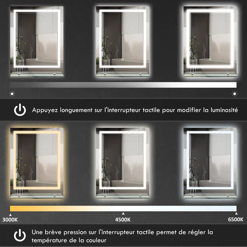 Miroir mural lumineux salle de bain 70 x 50 x 2,7 cm antibuée étagère intégrée moderne épuré en verre trempé transparent 21_0002006