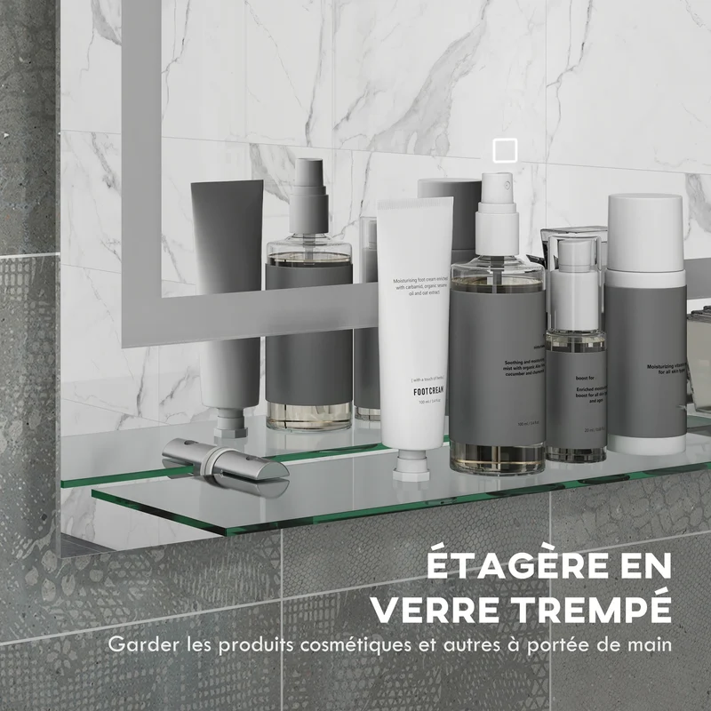 Miroir mural lumineux salle de bain 70 x 50 x 2,7 cm antibuée étagère intégrée moderne épuré en verre trempé transparent 21_0002006