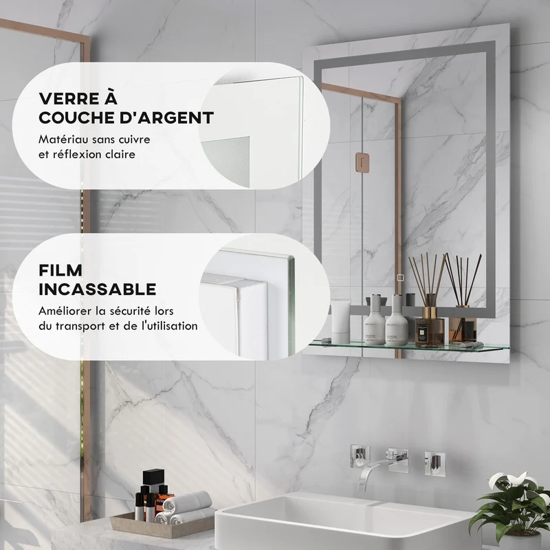 Miroir mural lumineux salle de bain 70 x 50 x 2,7 cm antibuée étagère intégrée moderne épuré en verre trempé transparent 21_0002006