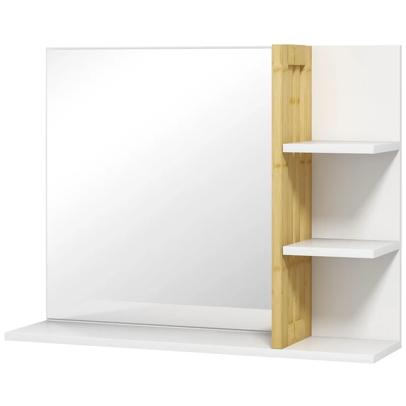 Miroir mural de salle de bain 45 x 15 x 58,5 cm rangement étagères intégrées scandinave minimaliste en bambou blanc 21_0002015