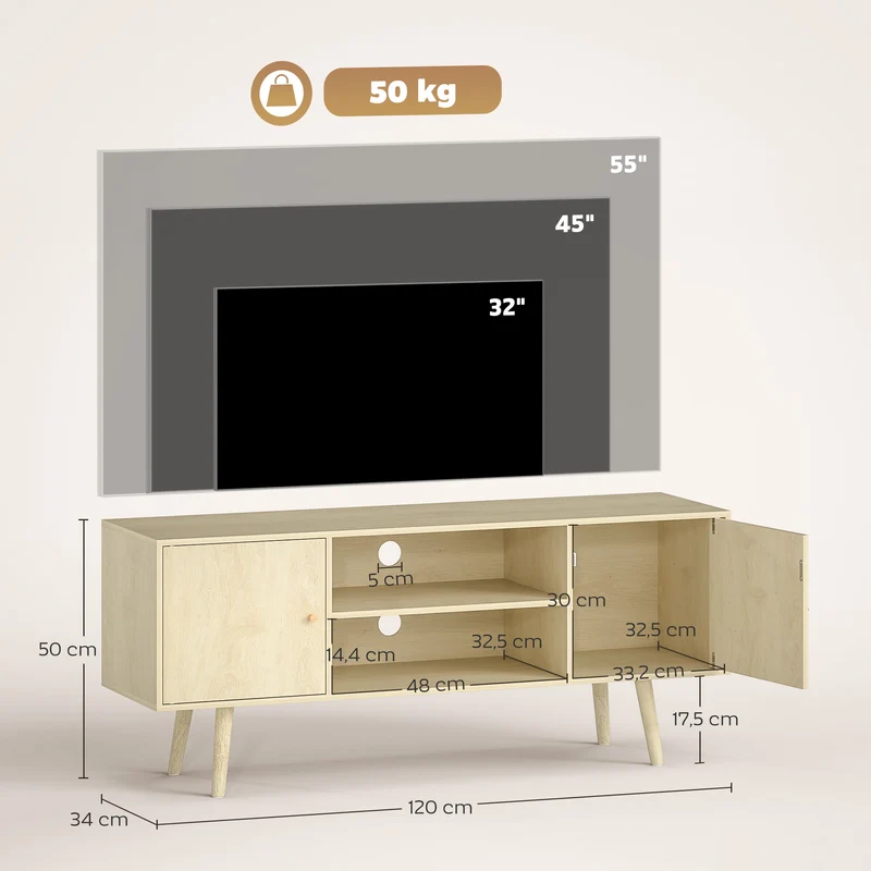 Meuble télévision 120 x 34 x 50 cm 2 placards gestion câbles scandinave moderne en panneau de particules bois naturel 21_0003064