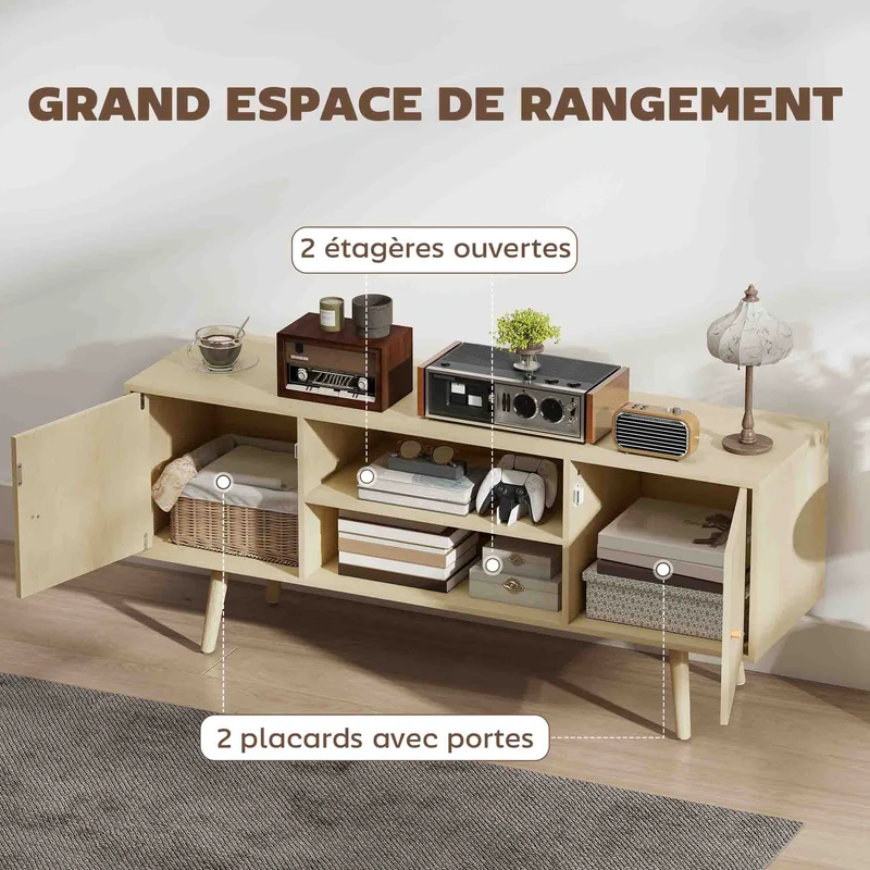 Meuble télévision 120 x 34 x 50 cm 2 placards gestion câbles scandinave moderne en panneau de particules bois naturel 21_0003064