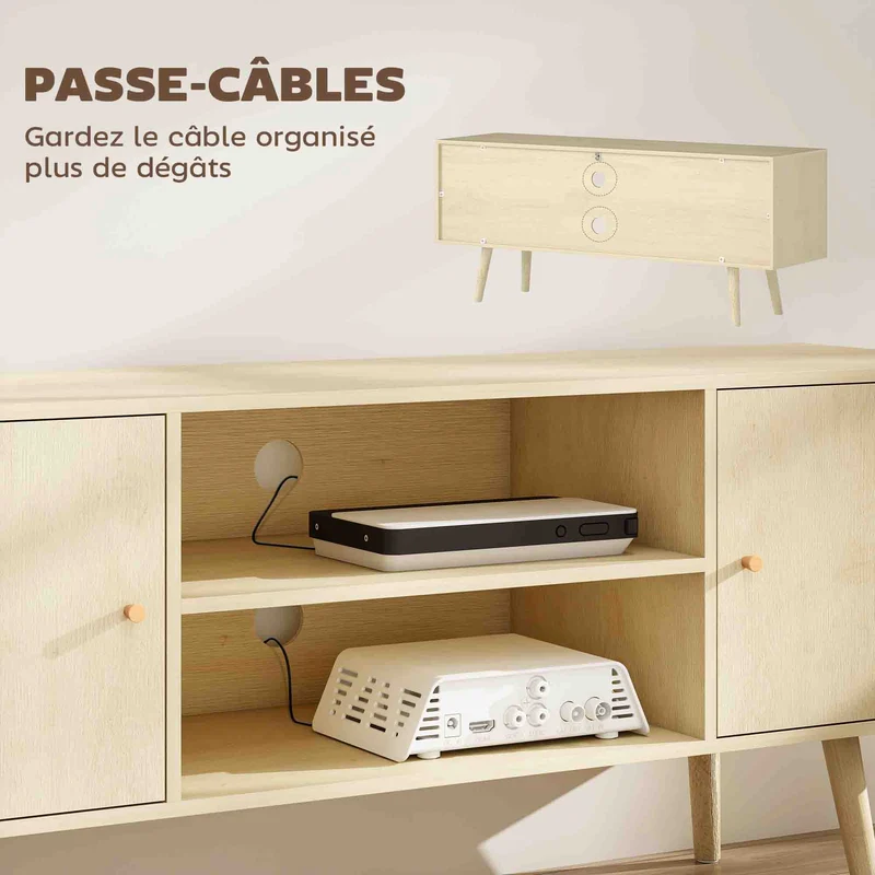 Meuble télévision 120 x 34 x 50 cm 2 placards gestion câbles scandinave moderne en panneau de particules bois naturel 21_0003064