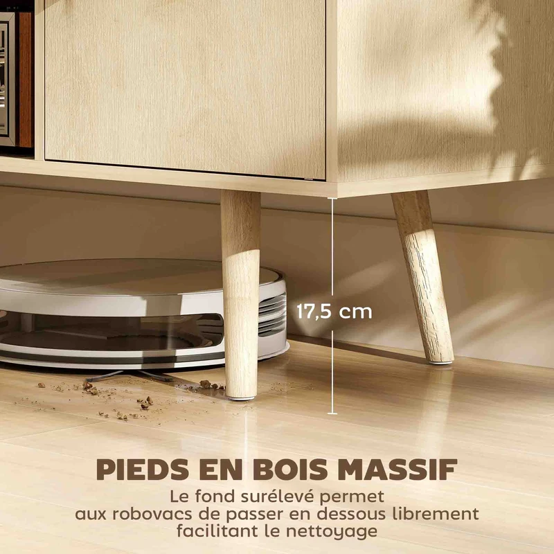 Meuble télévision 120 x 34 x 50 cm 2 placards gestion câbles scandinave moderne en panneau de particules bois naturel 21_0003064