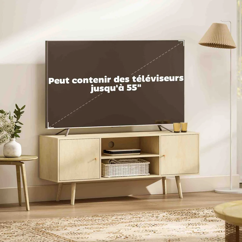 Meuble télévision 120 x 34 x 50 cm 2 placards gestion câbles scandinave moderne en panneau de particules bois naturel 21_0003064