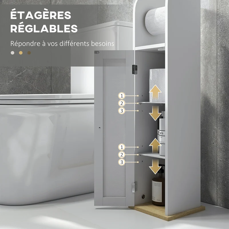 Meuble porte-papier toilette colonne 20 x 20 x 80 cm gain de place étagères réglables épuré contemporain en MDF blanc 21_0001960