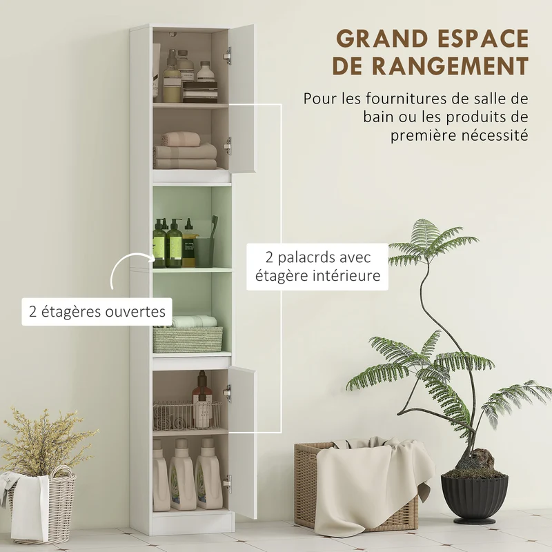 Meuble colonne de salle de bain 30 x 24 x 170 cm gain de place sécurité anti-basculement moderne épuré en MDF blanc 21_0001864