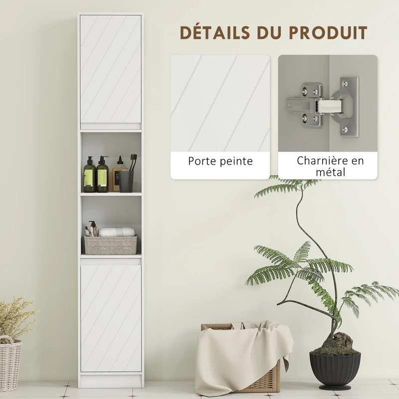 Meuble colonne de salle de bain 30 x 24 x 170 cm gain de place sécurité anti-basculement moderne épuré en MDF blanc 21_0001864
