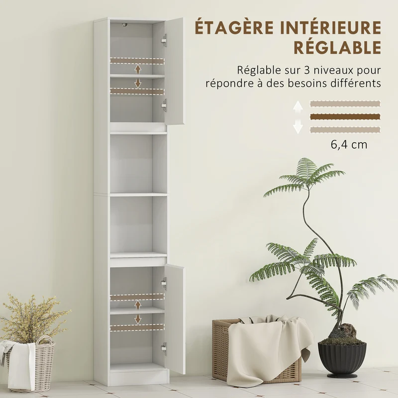 Meuble colonne de salle de bain 30 x 24 x 170 cm gain de place sécurité anti-basculement moderne épuré en MDF blanc 21_0001864