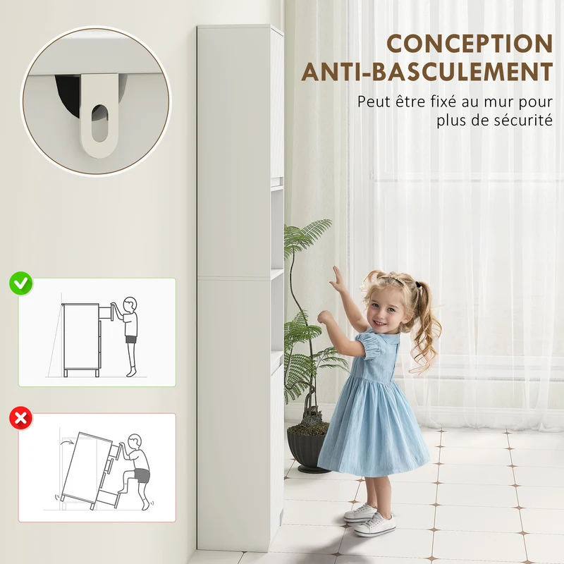 Meuble colonne de salle de bain 30 x 24 x 170 cm gain de place sécurité anti-basculement moderne épuré en MDF blanc 21_0001864