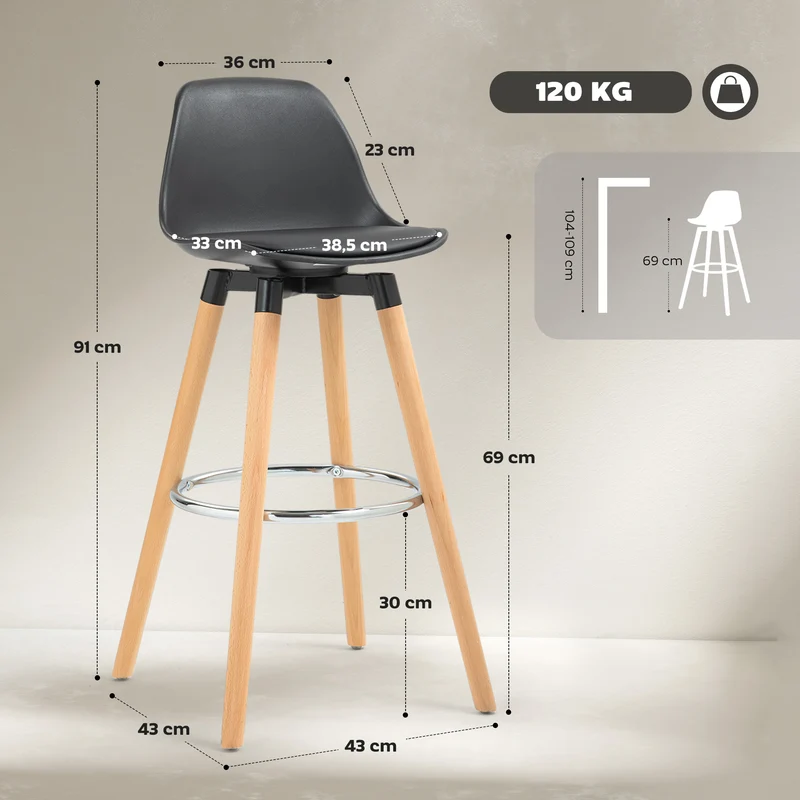 Lot de 2 tabourets de bar 43 x 43 x 91 cm assise rembourrée repose-pieds ergonomiques moderne scandinave en PU noir 21_0002263