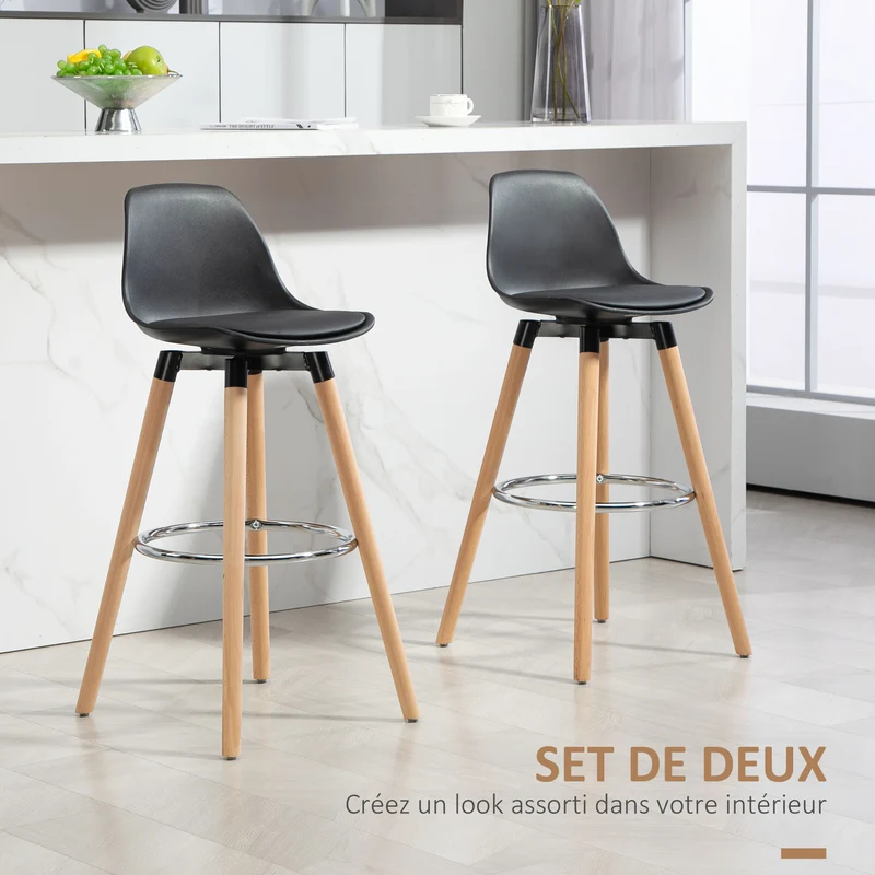 Lot de 2 tabourets de bar 43 x 43 x 91 cm assise rembourrée repose-pieds ergonomiques moderne scandinave en PU noir 21_0002263