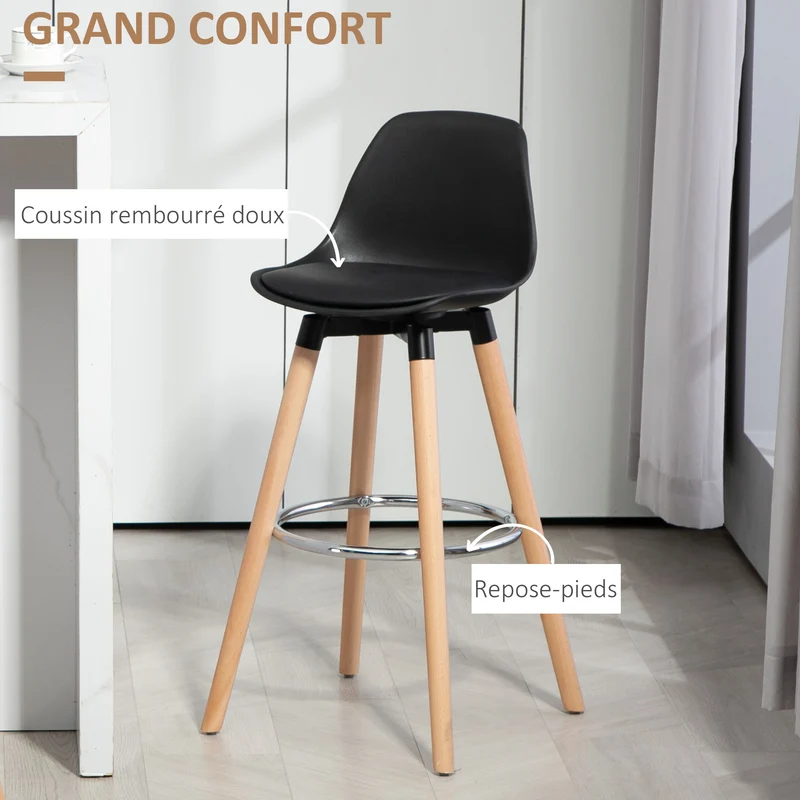 Lot de 2 tabourets de bar 43 x 43 x 91 cm assise rembourrée repose-pieds ergonomiques moderne scandinave en PU noir 21_0002263