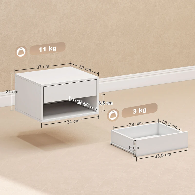 Lot de 2 tables de chevet murales 37 x 32 x 21 cm tiroir étagère gain de place moderne en panneau de particules blanc 21_0001554