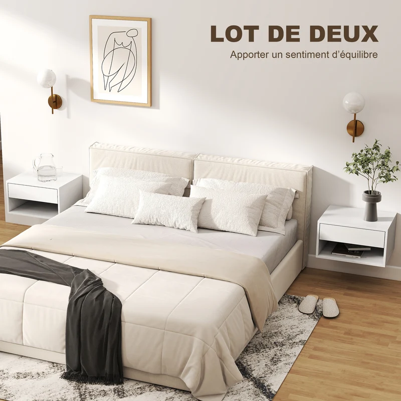 Lot de 2 tables de chevet murales 37 x 32 x 21 cm tiroir étagère gain de place moderne en panneau de particules blanc 21_0001554