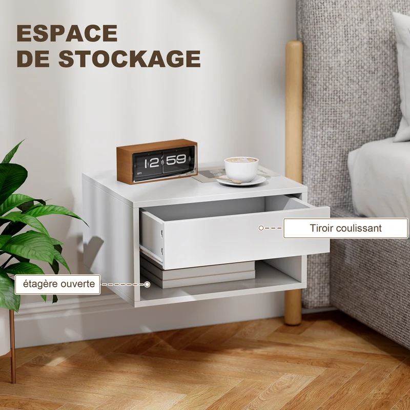Lot de 2 tables de chevet murales 37 x 32 x 21 cm tiroir étagère gain de place moderne en panneau de particules blanc 21_0001554