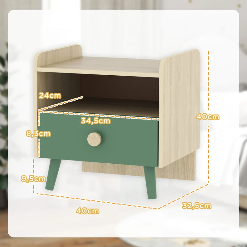 Lot de 2 tables de chevet enfant 40 x 32,5 x 40 cm rangement tiroir et niche nettoyable scandinave épuré en MDF vert 21_0000259