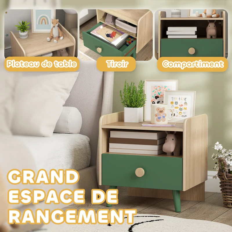 Lot de 2 tables de chevet enfant 40 x 32,5 x 40 cm rangement tiroir et niche nettoyable scandinave épuré en MDF vert 21_0000259