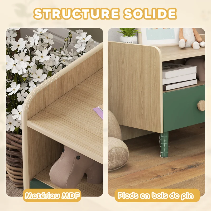 Lot de 2 tables de chevet enfant 40 x 32,5 x 40 cm rangement tiroir et niche nettoyable scandinave épuré en MDF vert 21_0000259