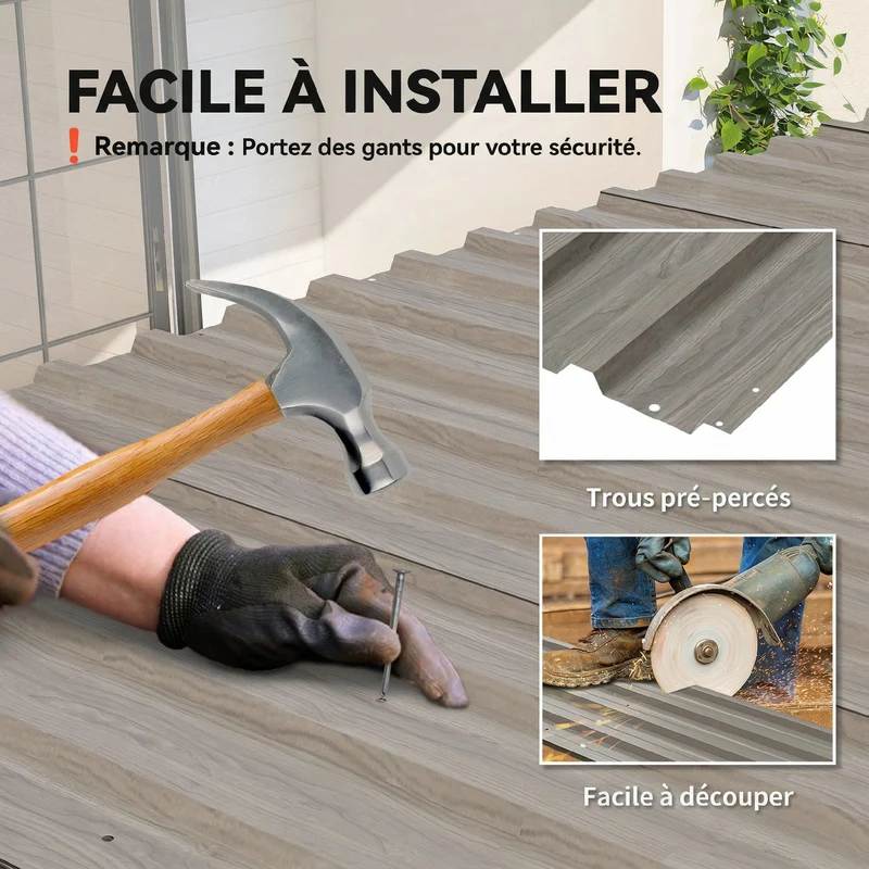 Lot de 12 panneaux de bardage extérieur 129 x 45 x 0,025 cm trous pré-percés industriel en acier galvanisé gris clair 21_0005414