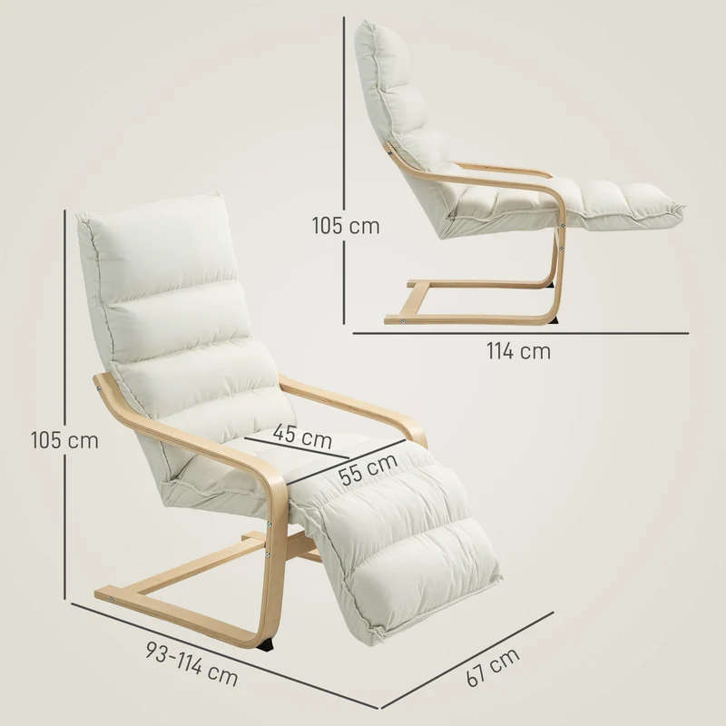 Fauteuil de salon détente lecture 67 x 93 x 105 cm dossier haut repose-pieds réglable contemporain cosy en velours crème 21_0003480