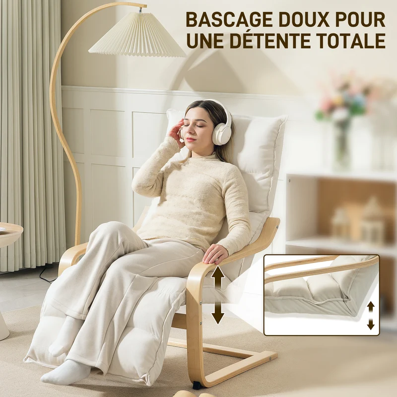 Fauteuil de salon détente lecture 67 x 93 x 105 cm dossier haut repose-pieds réglable contemporain cosy en velours crème 21_0003480
